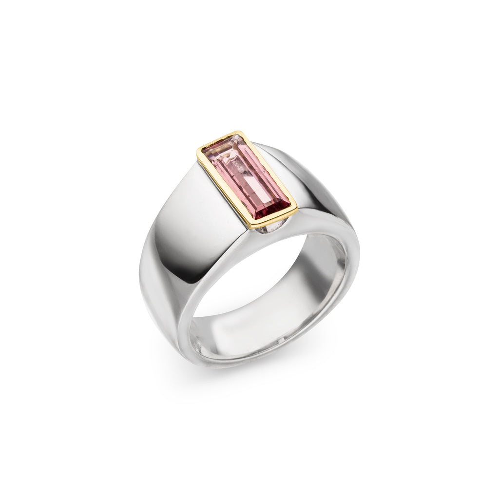 rosa Turmalin Ring 12x5 mm (Sterling Silber 925) Goldeinfassung