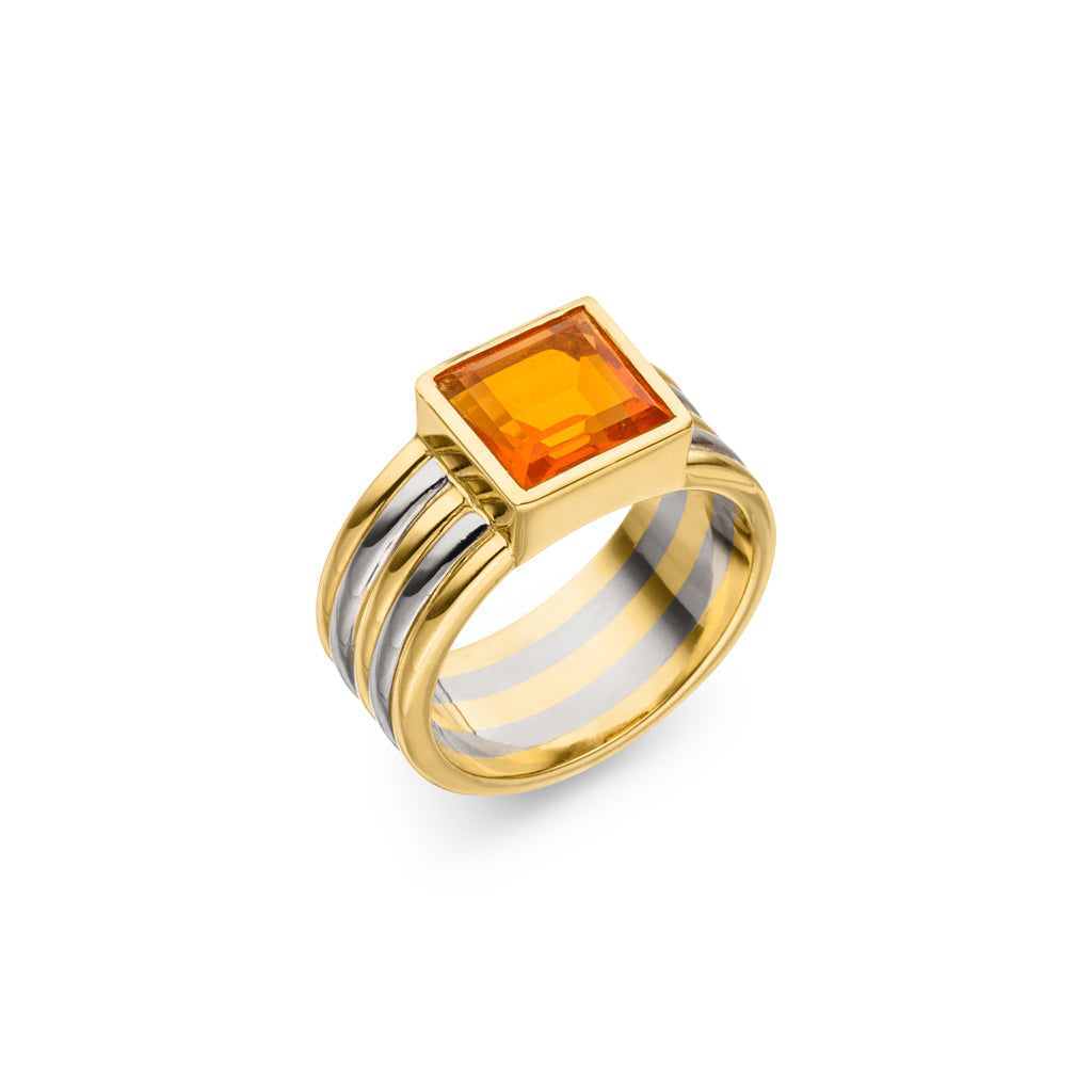 Feueropal Ring 9x9 mm (Gelbgold / Weißgold 750)