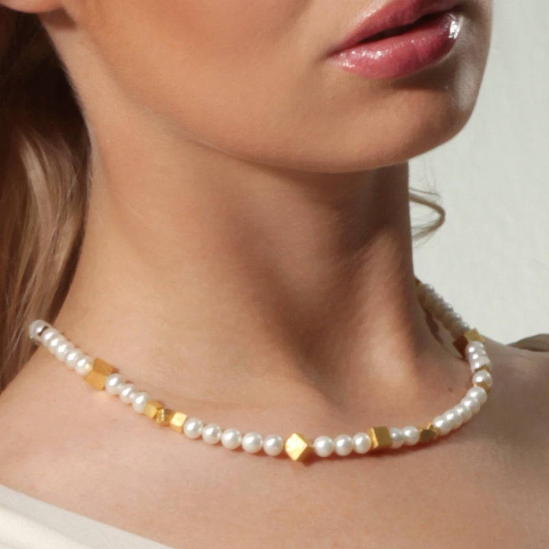 Perlen Kette "Pearls and Cubes" (Sterling Silber 925, vergoldet)