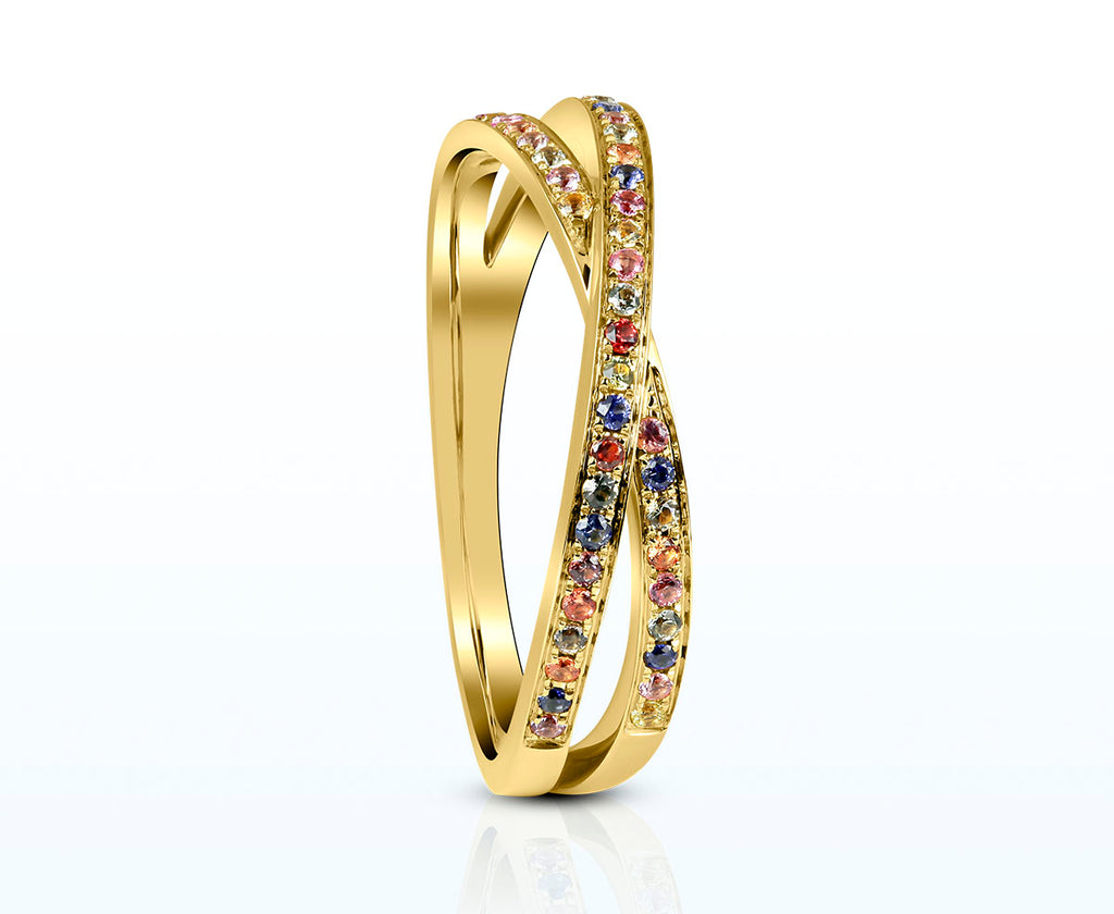 Crossover-Ring aus 750er Gelbgold mit bunten Saphiren