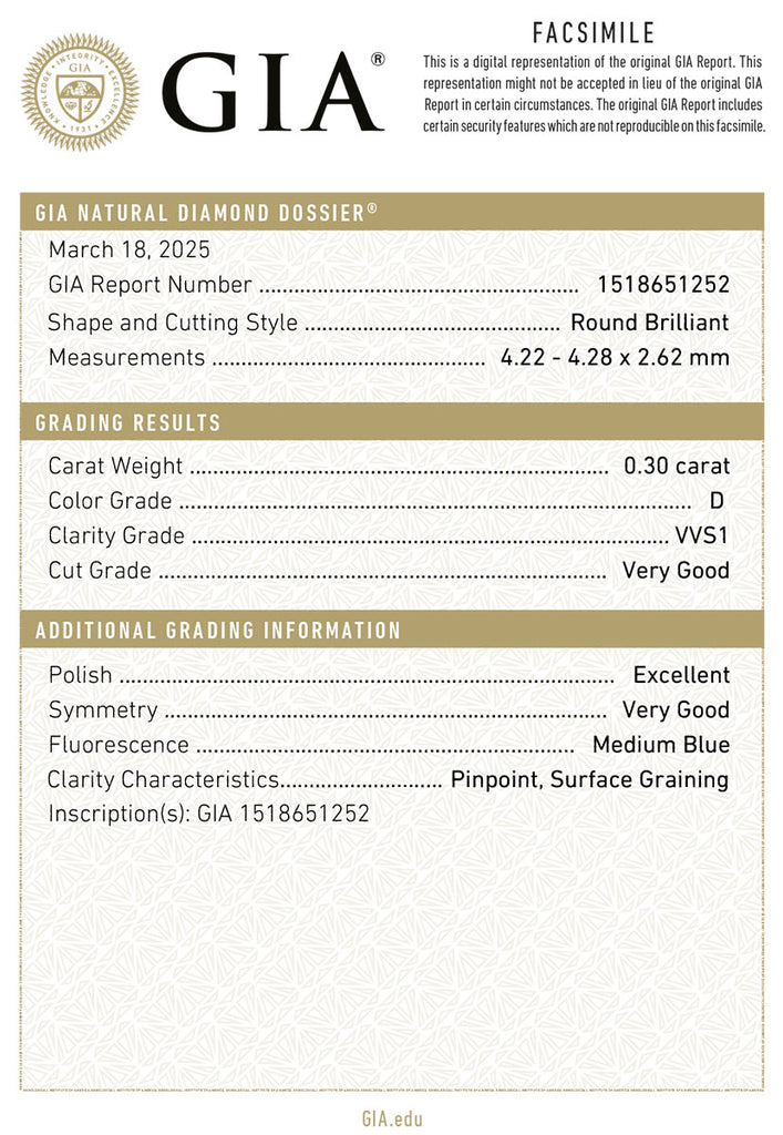 1 Diamant Brillant 0,3 Karat, hochfeines Weiß+ (D) vvs1 - GIA Expertise