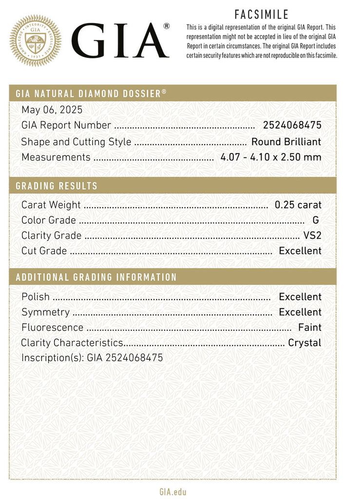 1 Diamant Brillant 0,25 Karat, feines Weiß (G) vs2 - GIA Expertise
