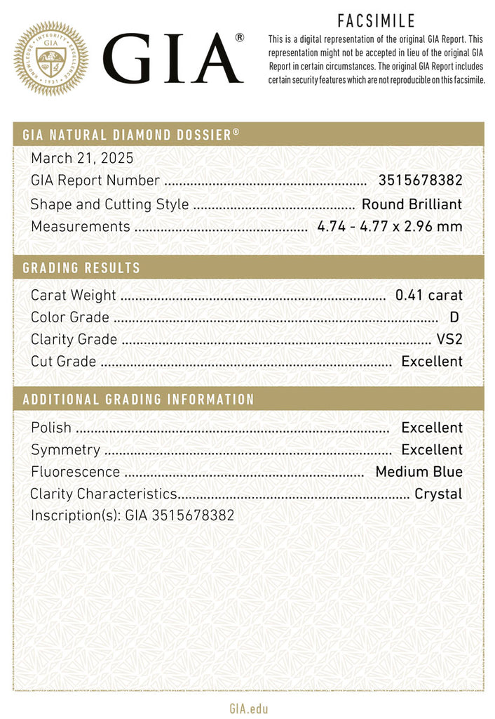 1 Diamant Brillant 0,41 Karat, hochfeines Weiß+ (D) vs2 - GIA Expertise