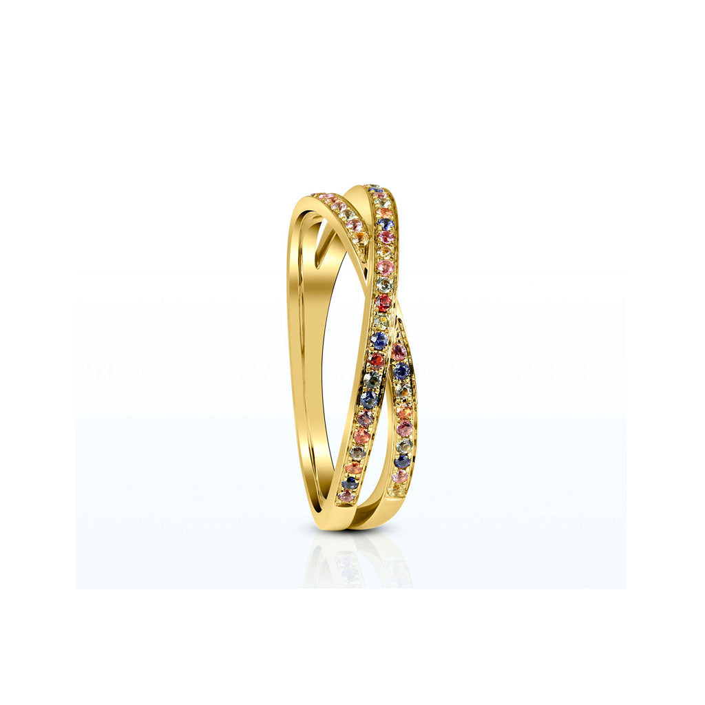 Crossover-Ring aus 750er Gelbgold mit bunten Saphiren