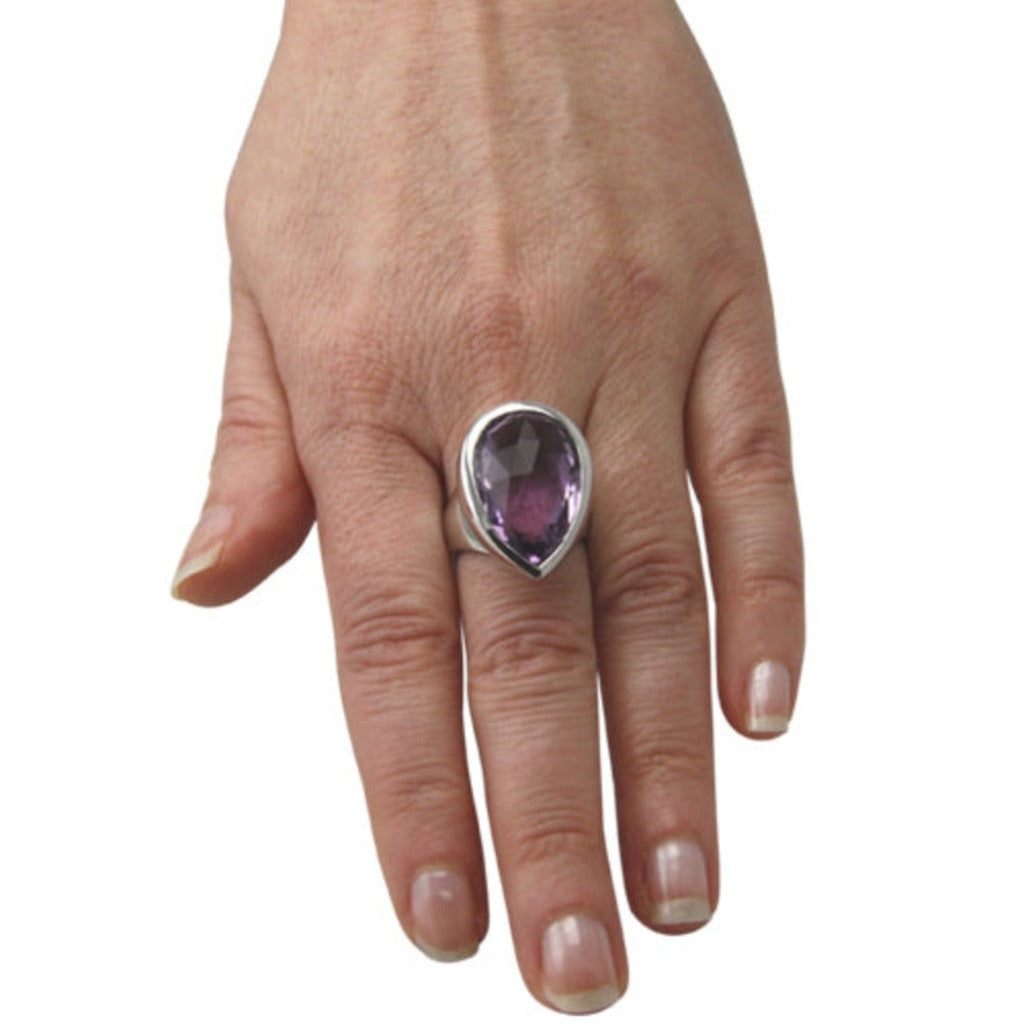 Amethyst Ring "Drop" 25x16 mm (Sterling Silber 925) Schachbrett-Schliff