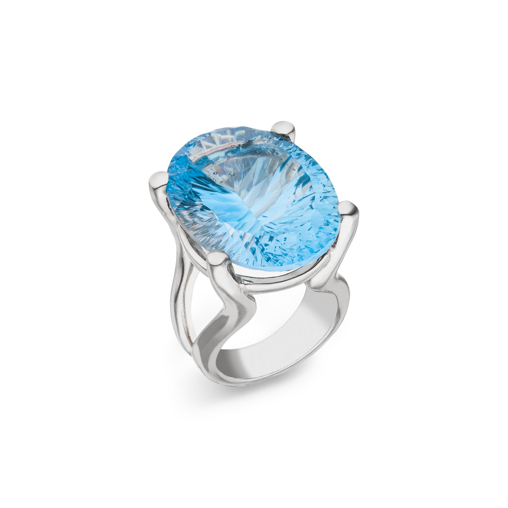 Silber Ring Topas Skyblue 29x23 mm (Sterling Silber 925) Konkav Schliff