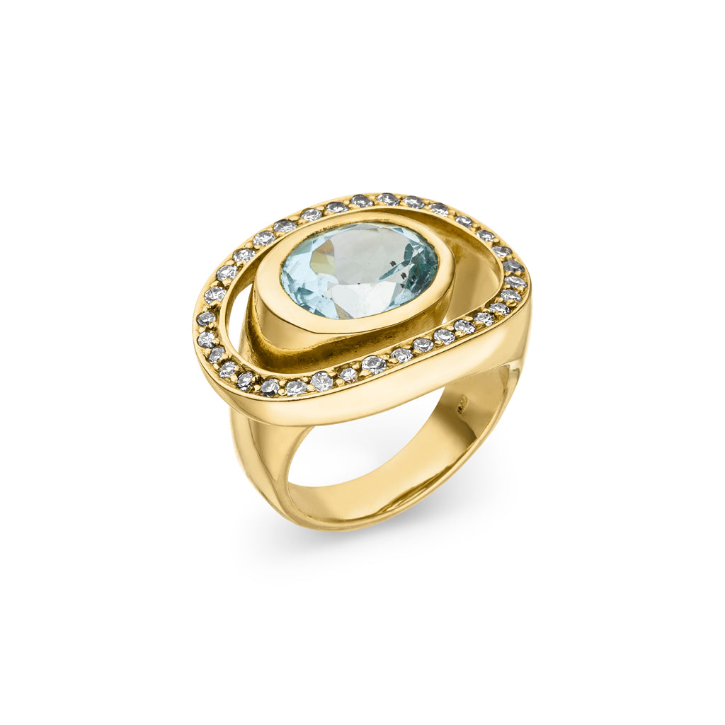 Aquamarin Ring "Teich" mit Diamanten (Gelbgold 585)