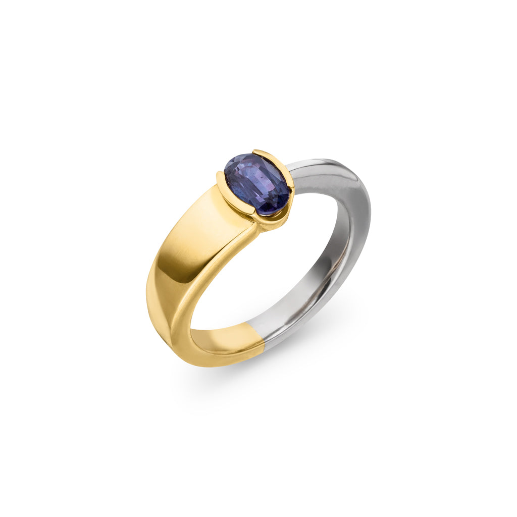 Gold Ring mit natürlichem Alexandrit 7,24 x 5 mm (Gelbgold/Weißgold 750) mit intensivem Farbwechsel