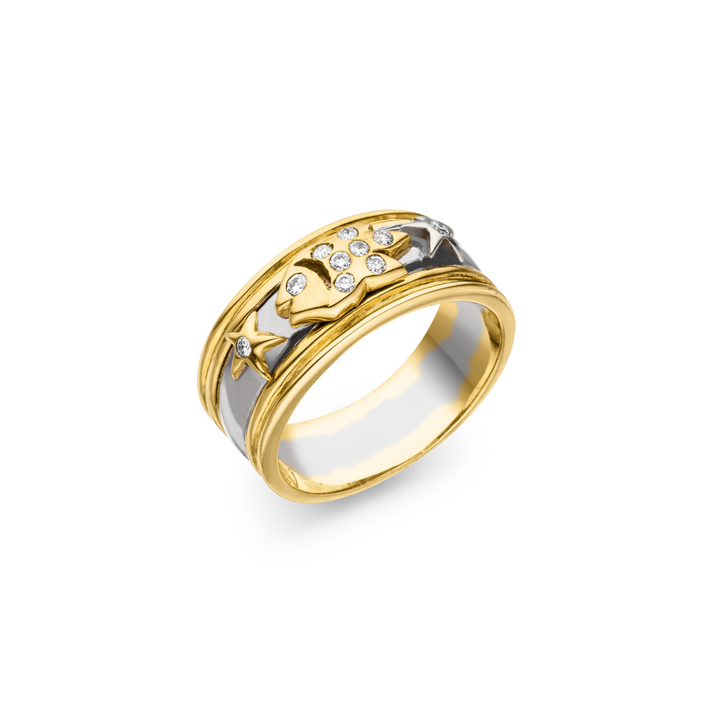 Diamant Ring "Fish + Stars" (Gelbgold / Weißgold 750)
