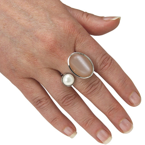 Ring Mondstein (lachsfarben) und Perle (Sterling Silber 925) verstellbar