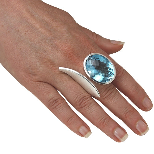 Silber Ring Topas Skyblue Schachbrett Schliff 29x23 mm (Sterling Silber 925) verstellbar